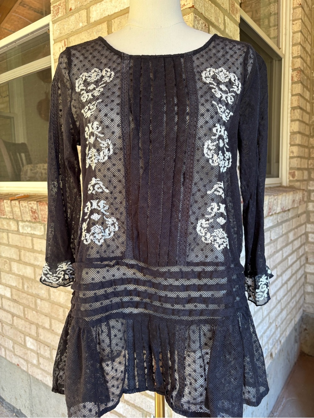 Free People Black Lace 3/4 Sleeve top tunic with White Embroidery button detail